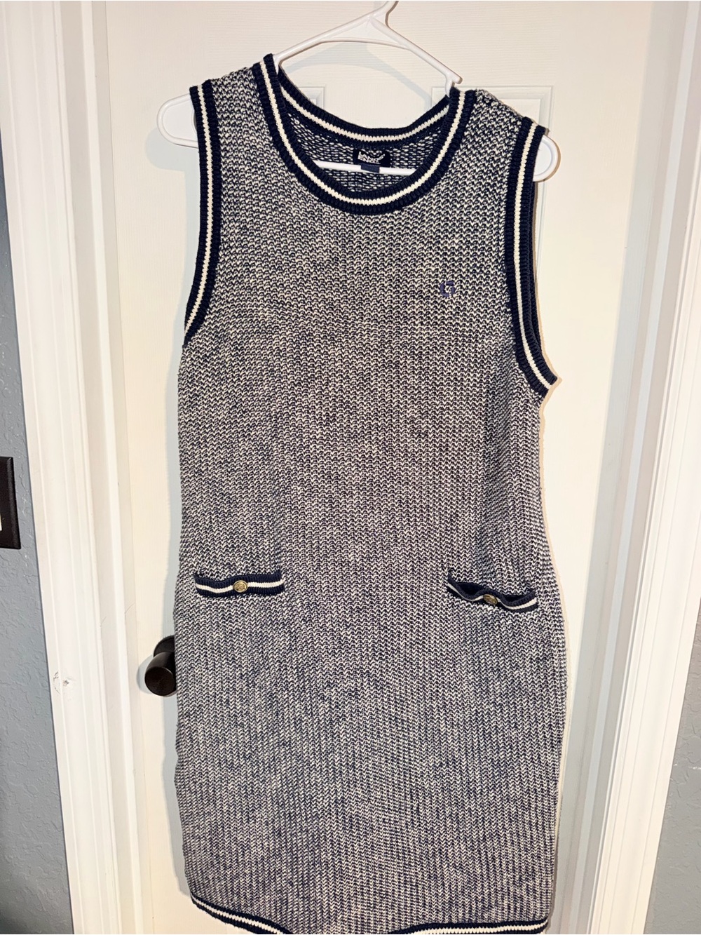 Lands' End Navy and White Knit Midi Shift Dress